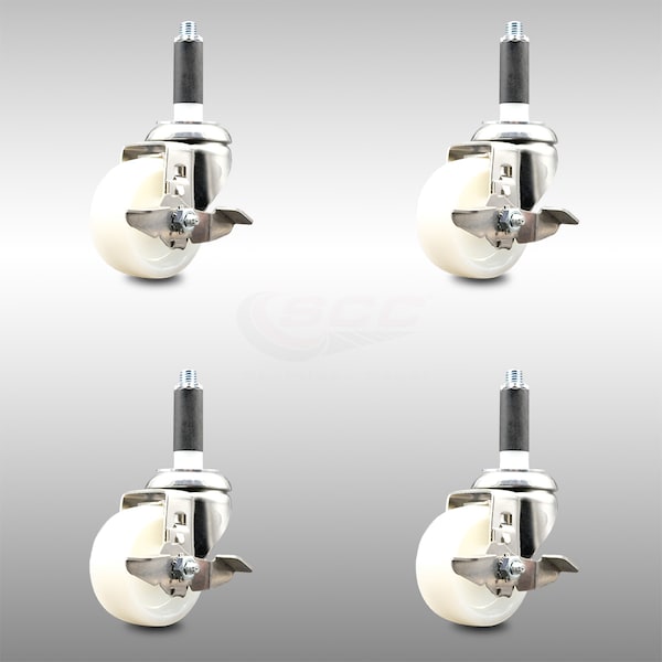 Service Caster 3 Inch 316SS Nylon Wheel Swivel 7/8 Inch Expanding Stem Caster Set Brake SCC SCC-SS316EX20S314-NYS-TLB-78-4 - main